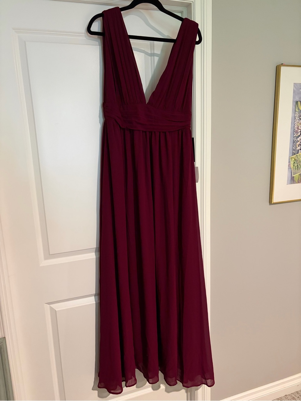 Lulu's Wine Red Ruched V-Neck Maxi Dress large long